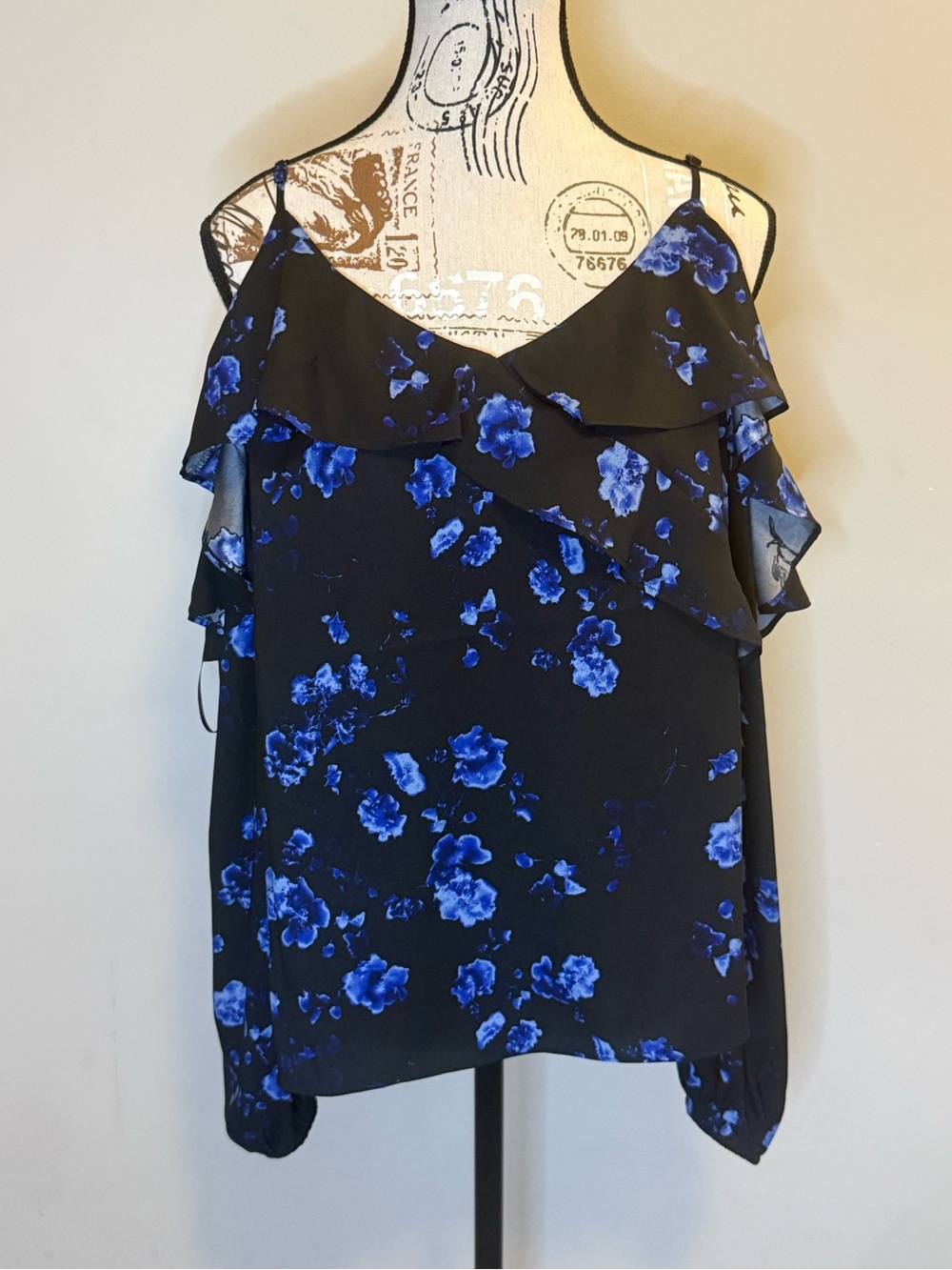 NWT - Express Cold Shoulder Black Cami with Royal Blue Floral Ruffle - Size L